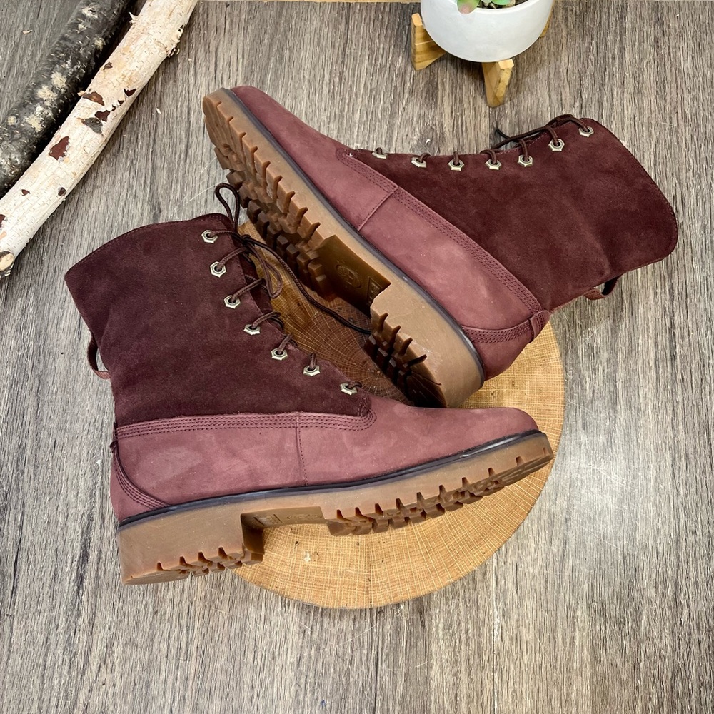 *Timberland | Waterproof Foldover Teddy Fleece Red Leather Suede Bootie Size 9.5 - Picture 2 of 16